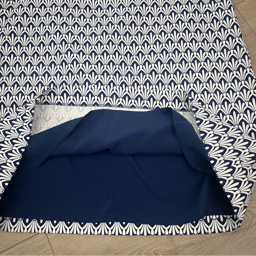 Talbots Skirt 14P Blue White Art Deco Fans Print Side Zip Cotton Blend - Picture 3 of 7